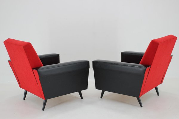 Leatherette and Red Fabric Armchairs, Czechoslovakia, 1970s, Set of 2-TZ-1425772