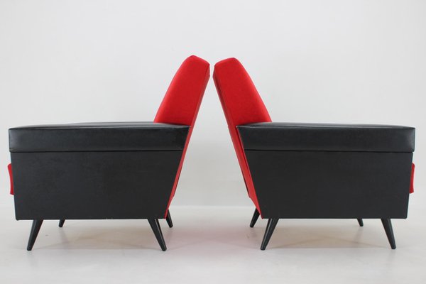 Leatherette and Red Fabric Armchairs, Czechoslovakia, 1970s, Set of 2-TZ-1425772