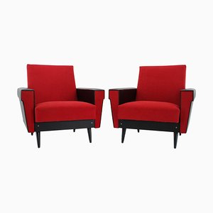 Leatherette and Red Fabric Armchairs, Czechoslovakia, 1970s, Set of 2-TZ-1425772