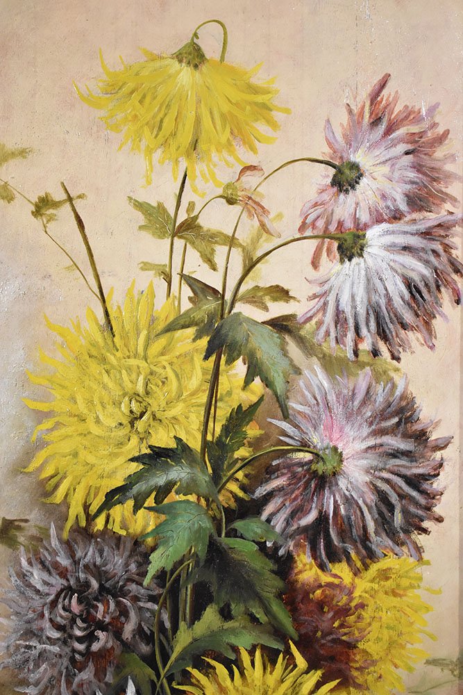 Lennox, Still Life with Vase of Dahlias, 19th Century, Oil on Wood, Framed