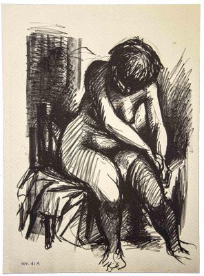 Leo Guida, Crouched Nude, Original Ink Drawing, 1980s-ZCI-1379231