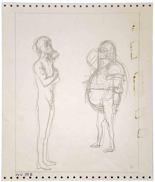 Leo Guida, Figures with Masks, Pencil Drawing, 1970s