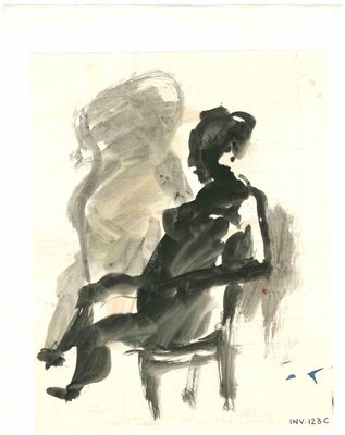 Leo Guida, Seated Woman and Surreal Scene, Original Ink & Watercolor, 1970s-ZCI-1379285