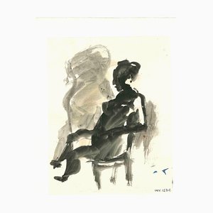 Leo Guida, Seated Woman and Surreal Scene, Original Ink & Watercolor, 1970s-ZCI-1379285