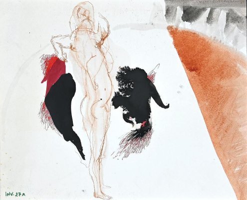 Leo Guida, Standing Nude, Original Ink Drawing and Watercolor, 1970s-ZCI-889887