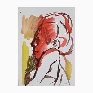 Leo Guida, Woman Red Profile, Original Watercolor On Paper, 1970s-ZCI-892043