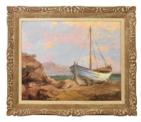 Léon Zeytline, Cote d'Azur Seascape with White Boat, Early 20th Century, Oil Painting, Framed-YVI-1752234