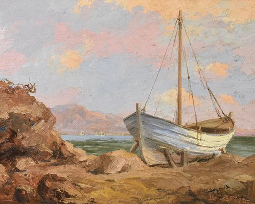 Léon Zeytline, Cote d'Azur Seascape with White Boat, Early 20th Century, Oil Painting, Framed-YVI-1752234