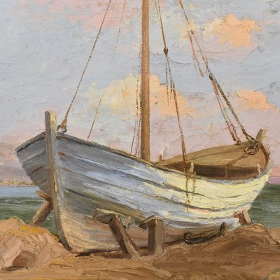 Léon Zeytline, Cote d'Azur Seascape with White Boat, Early 20th Century, Oil Painting, Framed-YVI-1752234