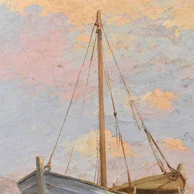 Léon Zeytline, Cote d'Azur Seascape with White Boat, Early 20th Century, Oil Painting, Framed-YVI-1752234