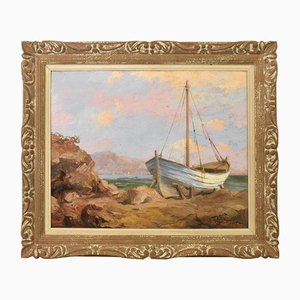 Léon Zeytline, Cote d'Azur Seascape with White Boat, Early 20th Century, Oil Painting, Framed-YVI-1752234