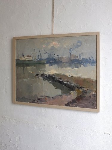 Leonid Moshenkov, Port, Oil Painting, 1980s, Framed