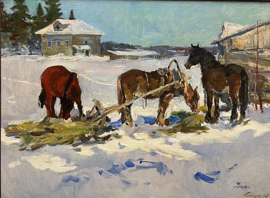 Leonid Vaichili, February, Horses in the Snow, Oil Painting, 1965-QUE-1757392