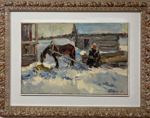 Leonid Vaichilia, Horses in Winter, Oil Painting, 1971, Framed-QUE-1406959