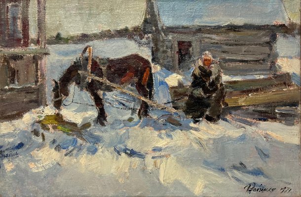 Leonid Vaichilia, Horses in Winter, Oil Painting, 1971, Framed-QUE-1406959