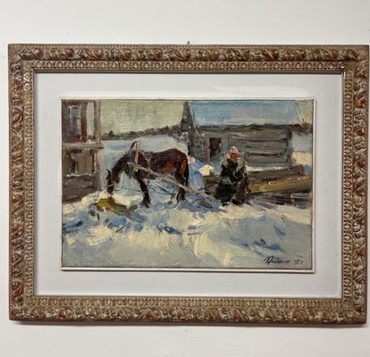 Leonid Vaichilia, Horses in Winter, Oil Painting, 1971, Framed-QUE-1406959