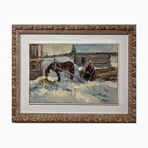 Leonid Vaichilia, Horses in Winter, Oil Painting, 1971, Framed-QUE-1406959