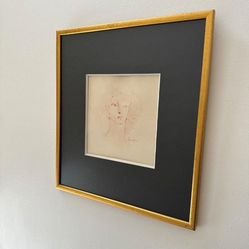 Leonor Fini, Female Face, Chalk Drawing, 20th Century, Framed