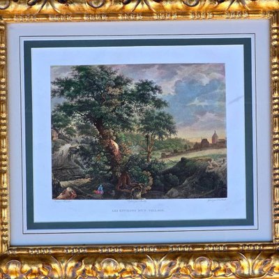 Léonor Simon Desaulx, Country Landscape with Tree and Village, 1810, Glass & Wood & Paper, Framed-EFY-2016398