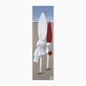 Les parasols de plage, blanc, bordeaux, Acrylic on Linen Canvas-QNR-1361276