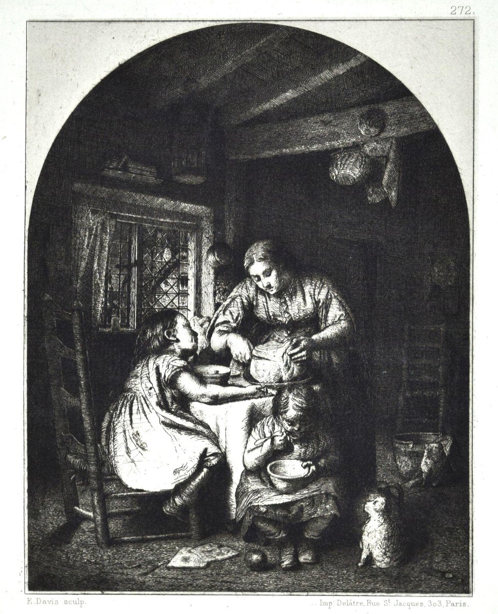 Les Repas des Enfants - Original Etching by Edward Davis - 1862