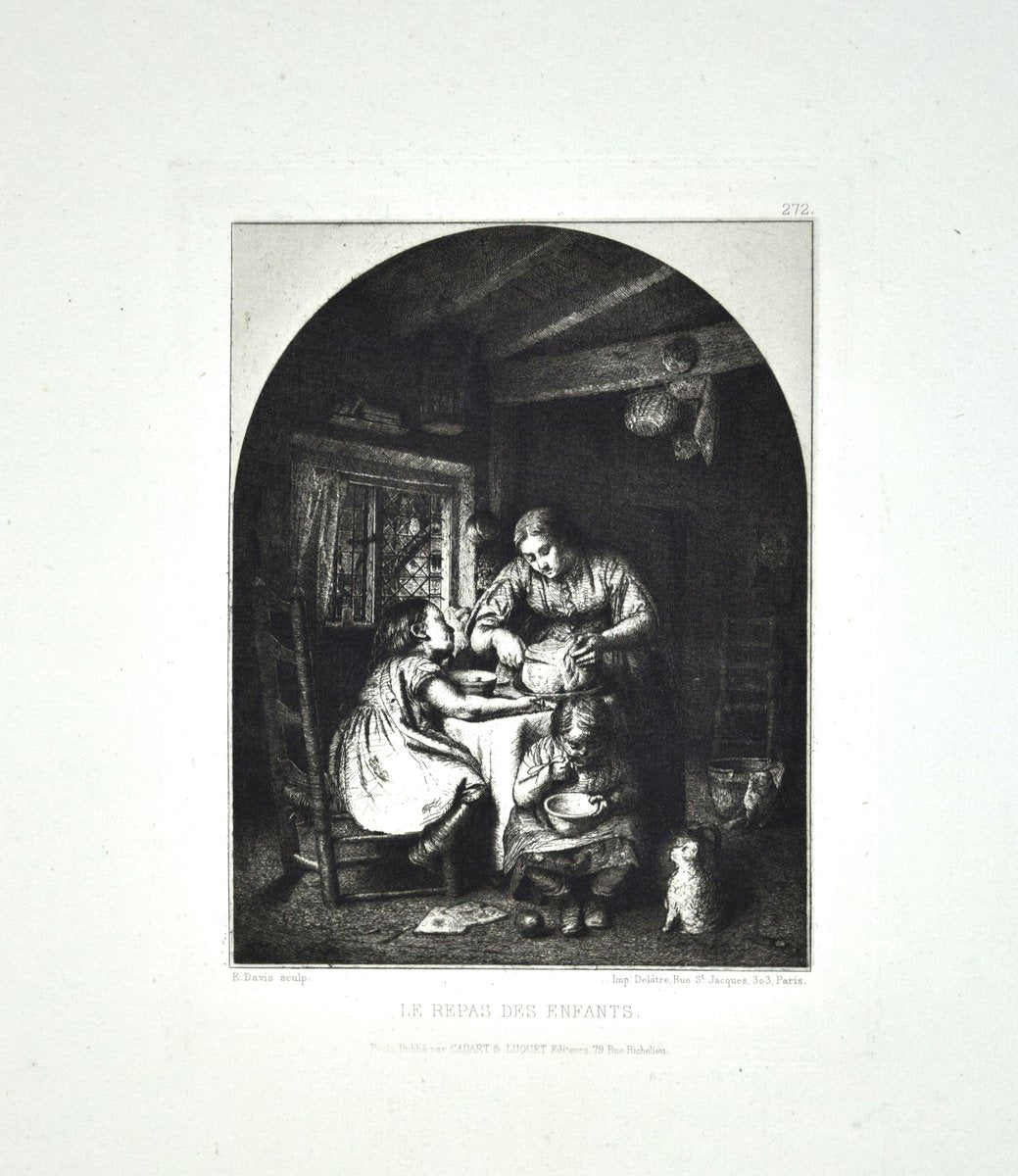 Les Repas des Enfants - Original Etching by Edward Davis - 1862