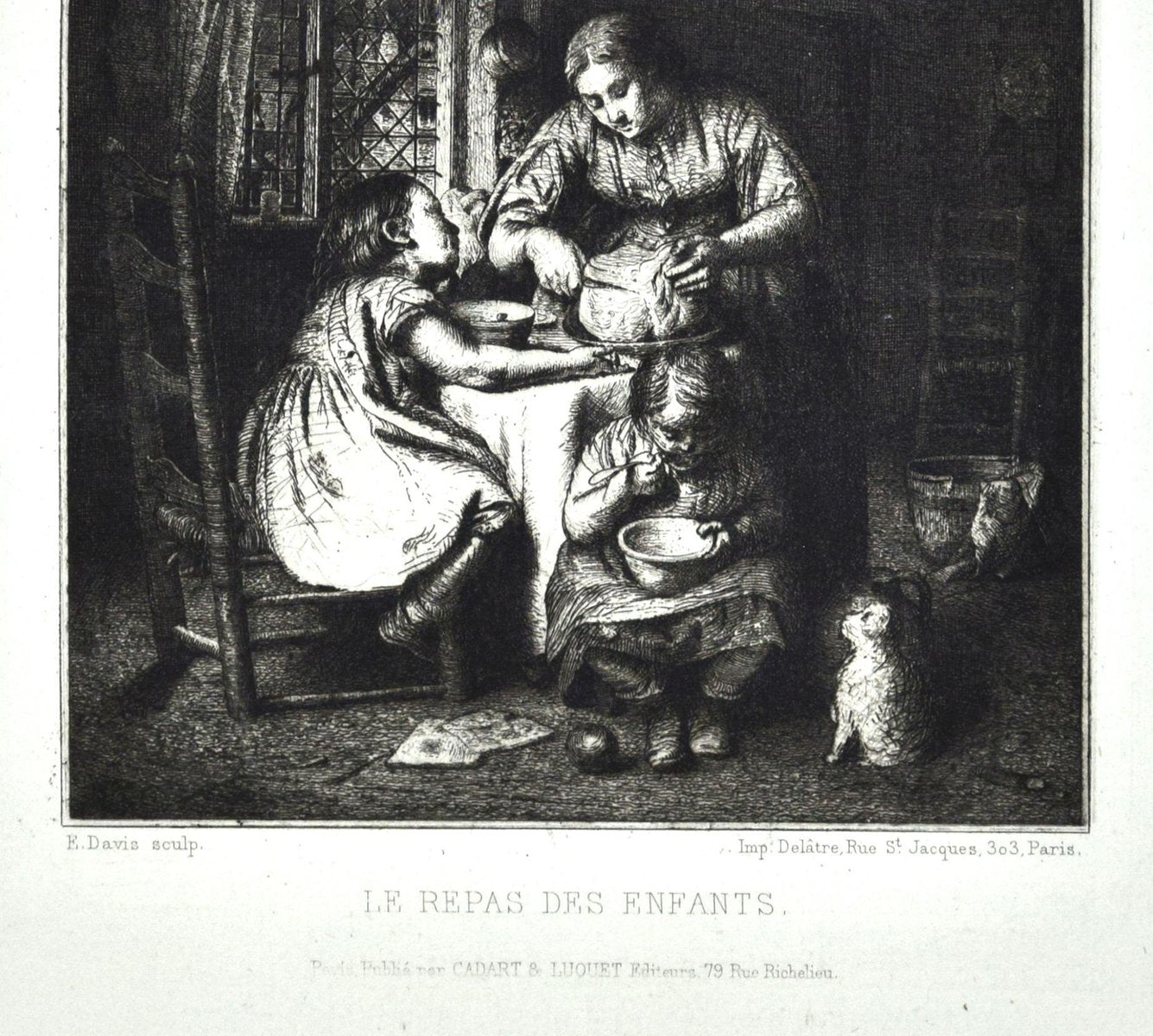 Les Repas des Enfants - Original Etching by Edward Davis - 1862