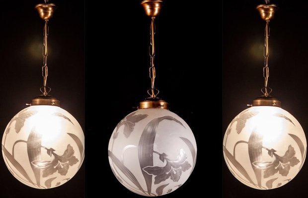 Liberty Engraved Glass Sphere Chandelier, Italy, 1940s-MBH-1031960