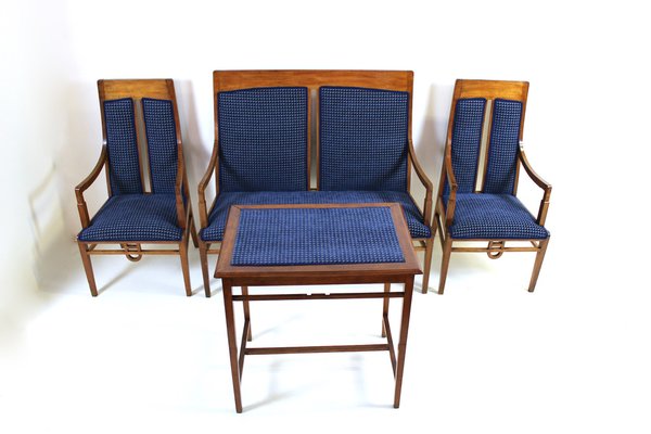 Liberty Living Room Set in Beech and Blue Velvet, 1900s, Set of 4-WIM-1787590