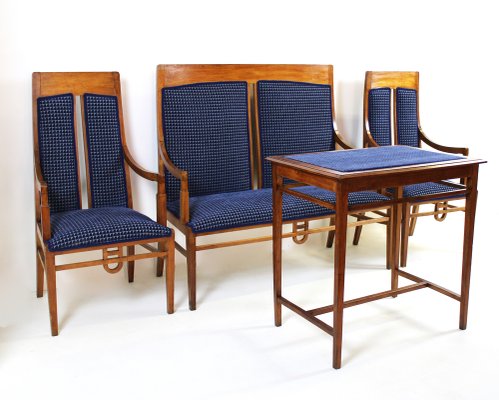 Liberty Living Room Set in Beech and Blue Velvet, 1900s, Set of 4-WIM-1787590