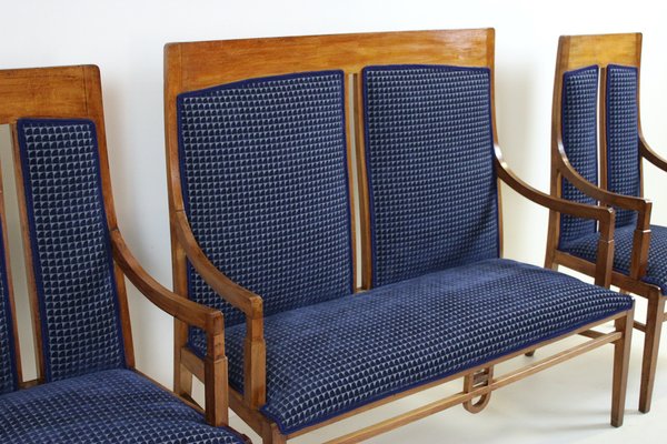 Liberty Living Room Set in Beech and Blue Velvet, 1900s, Set of 4-WIM-1787590