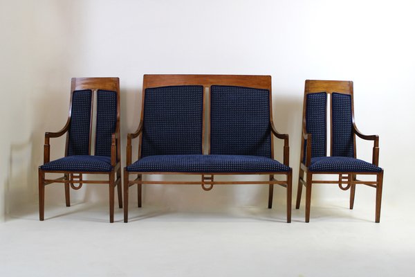 Liberty Living Room Set in Beech and Blue Velvet, 1900s, Set of 4-WIM-1787590