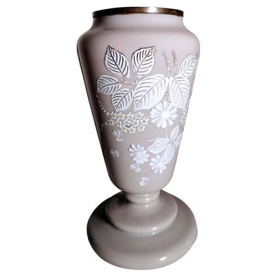 Liberty Style French Grey Opaline Glass Vase with Hand Painted Flowers-QRS-1180909