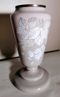 Liberty Style French Grey Opaline Glass Vase with Hand Painted Flowers-QRS-1180909