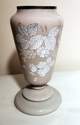 Liberty Style French Grey Opaline Glass Vase with Hand Painted Flowers-QRS-1180909