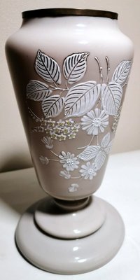 Liberty Style French Grey Opaline Glass Vase with Hand Painted Flowers-QRS-1180909