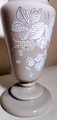 Liberty Style French Grey Opaline Glass Vase with Hand Painted Flowers-QRS-1180909