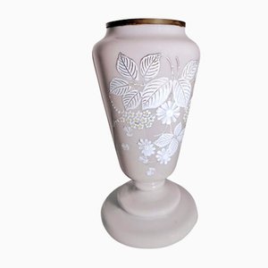 Liberty Style French Grey Opaline Glass Vase with Hand Painted Flowers-QRS-1180909