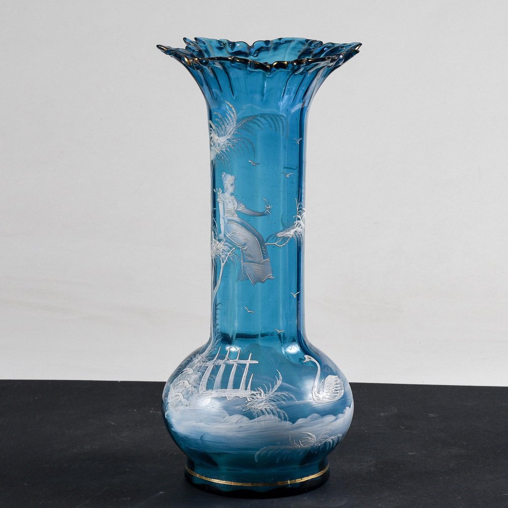 Liberty Vase in Blue Glass with Hand-Painted Bucolic Scene Mary Gregory, 1900s