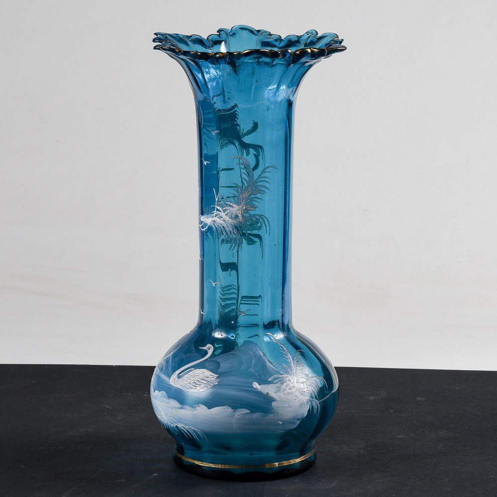 Liberty Vase in Blue Glass with Hand-Painted Bucolic Scene Mary Gregory, 1900s