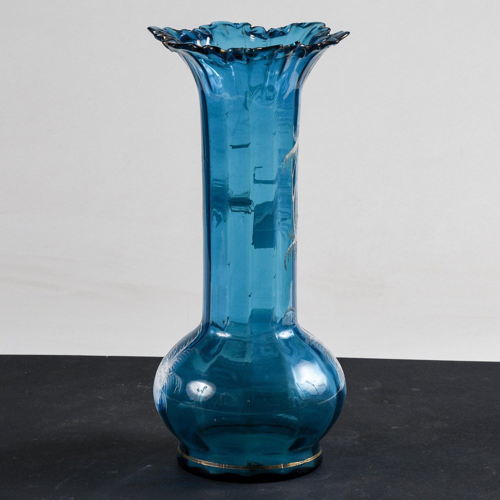 Liberty Vase in Blue Glass with Hand-Painted Bucolic Scene Mary Gregory, 1900s