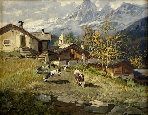 Licinio Campagnari, Valle di Champoluc, Oil on Canvas, Framed-MLN-1705900