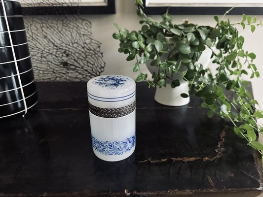 Light Grey Opaline Glass Box with Blue Floral Enamel Decoration, 1890s-JO-1772554