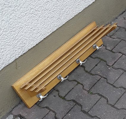 Light Oak Wall Rack with Chromed Metal Hooks, 1960s-HOI-874440