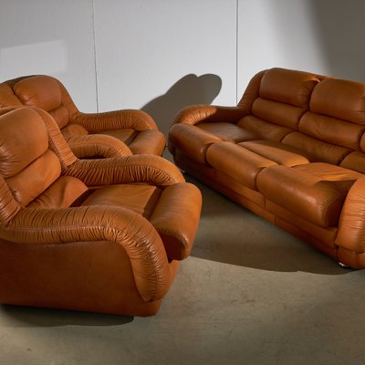 Light Warm Brown Leather Sofa Set, Set of 3-UVT-2022455