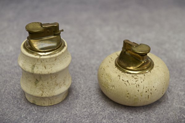 Lighters in Brass on a Travertine Stone Base attributed to Fratelli Mannelli, 1970s, Set of 2-NEN-2020380