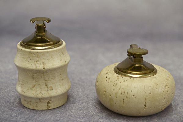 Lighters in Brass on a Travertine Stone Base attributed to Fratelli Mannelli, 1970s, Set of 2-NEN-2020380