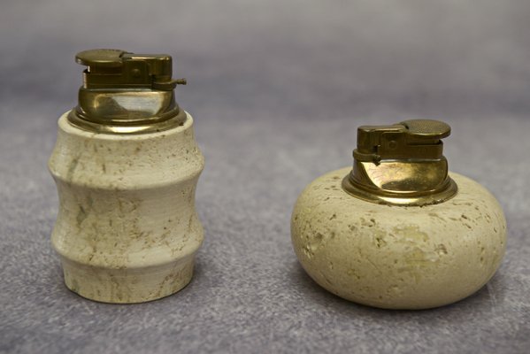 Lighters in Brass on a Travertine Stone Base attributed to Fratelli Mannelli, 1970s, Set of 2-NEN-2020380