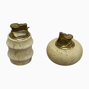 Lighters in Brass on a Travertine Stone Base attributed to Fratelli Mannelli, 1970s, Set of 2-NEN-2020380