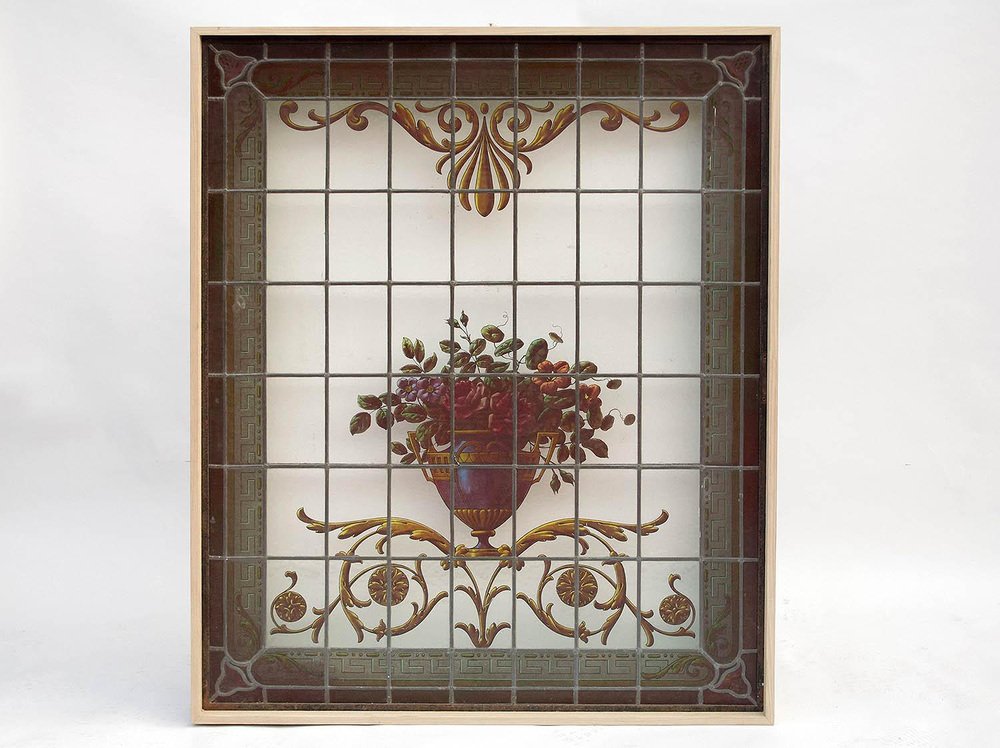 Ligthed Stained Glass Window with a Decor of Flowers, 1880